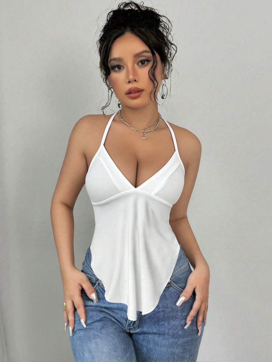 SHEIN PETITE Áo ba lỗ hở cổ chữ V sâu, viền bất đối xứng, bó sát, gợi cảm, áo ba lỗ màu trắng gợi cảm dành cho nữ, áo dây hàng ngày tối giản - trắng - Xem 1