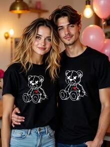 SHEIN EZwear Casual Simple Couple Bear Heart Printed Loose Round Neck Short Sleeve T-Shirt For Women, Suitable For Summer Suitable For Going Out - Black - View 1