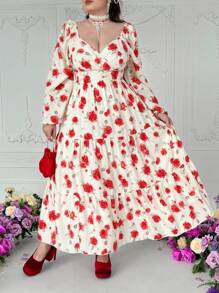 Lyrianda Plus Size Chiffon Embroidered Dress With Valentines, Rose, Heart, Polka Dot, Love, Lip, Cupid, 91D Flower Design Maxi Women Outfit