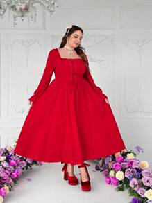 Flirla Plus Size Classic Solid Color Flattering Waistline Long Sleeve Maxi Red Dress For Romantic Date For New Year,Valentine - Red - View 7