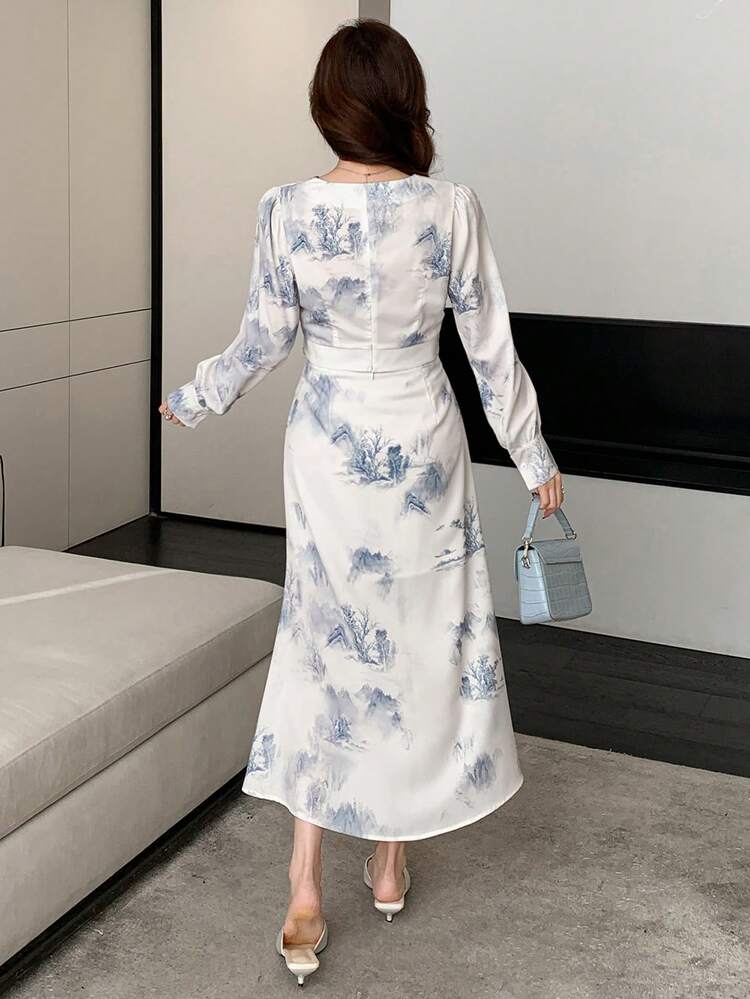 2pcs Women Set: Floral V-Neck Cropped Blouse And Slit A-Line Skirt,Fall Women Clothes