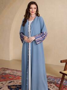 Al Najma Women Geometric Print Long Sleeve Maxi Loose Arabic Robe Cardigan Abayas - Multicolor - View 5