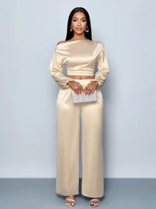 SOLERSUN 2024 New Autumn And Winter Elegant Business For Commuting, High-Grade Satin Slanted Shoulder Top & Pants Set