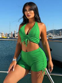 SHEIN Swim Women's Solid Color Front Drawstring Halter Tied Casual Tank Top, Vacation Style Summer