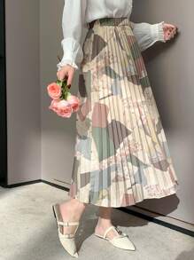 DAZY Geometric Print Pleated Elastic Waist Women's Skirt