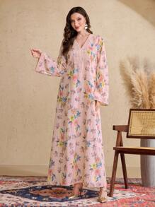 Al Najma Women's Floral Print Flare Sleeve Maxi Arabian Dress