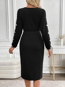 EMERY ROSE 女士圆领长袖亮片拼接优雅中长连衣裙 - 黑色 - 查看 8