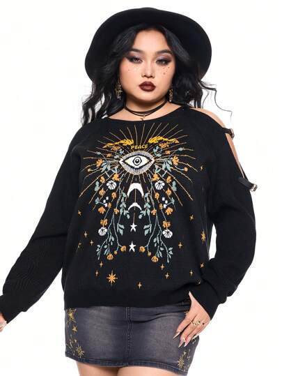 Hippie Suéter pullover asimétrico de cuello de talla grande con patrón de estrella y ojo de luna elaborado estilo hippie vintage jacquard
