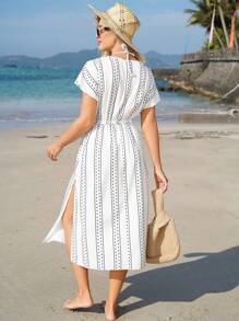 Swim Vcay Beach Outfits For Woman Summer Beach Women's Geometric Print Batwing Sleeve Cover-Up Dress