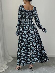 Rafferiza Vestido con estampado floral elegante, cuello con volante, mangas con volantes + puños con decoración de perlas, para primavera/otoño - Azul - Ver 2