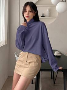 DAZY 女士纯色宽松落肩长袖休闲T恤，春夏秋季服装高领衫 - 紫色 - 查看 4