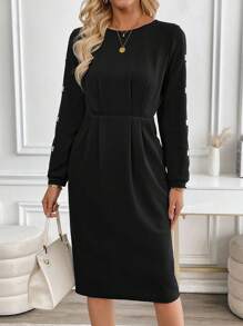 EMERY ROSE 女士圆领长袖亮片拼接优雅中长连衣裙 - 黑色 - 查看 6