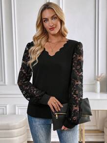 EMERY ROSE 女士秋季蕾丝 V 领长袖优雅衬衫 - 黑色 - 查看 8