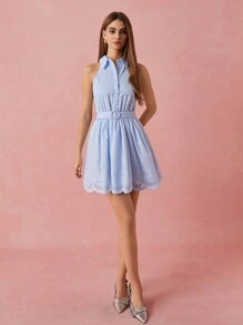 Enchnt Abito estivo/invernale romantico da donna, con ricamo floreale, senza maniche, colore azzurro pallido, con cintura. Elegante e dolce per San Valentino, vacanze, uscite romantiche e uso quotidiano.