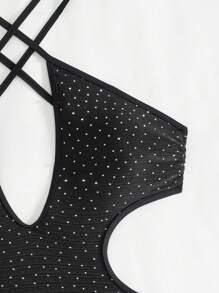 Swim SXY Summer Women's Solid Color Rhinestone Halter Backless One-Piece Swimsuit - Black - View 6