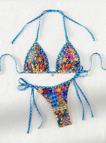 Swim Vcay 印花荷葉領比基尼套裝，兩件式，夏季泳裝海灘套裝