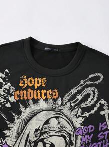 ROMWE MEN Goth Men's Virgin Mary Print Short Sleeve T-Shirt, Loose Cropped Fit