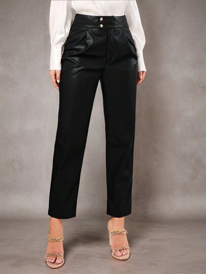 SHEIN BAE بنطال خصر عالي من جلد البولي يوريثين, ملابس رمضان