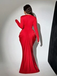Viva Relle Plus Size Deep V-Neck Ruched Long Sleeve Dress,Valentine Fall Cloth For Women - Red - View 4