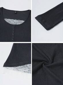 Pariaura Women Contrast Lace Velour Ribbed Round Neck 2 In 1 T-Shirt, Autumn/Winter Fall Cloth For Women - Dark Grey - View 8