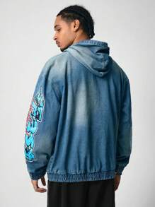 ROMWE MEN Street Life Men's Letter Print Drop Shoulder Long Sleeve Drawstring Hooded Casual Denim Top - Multicolor - View 2