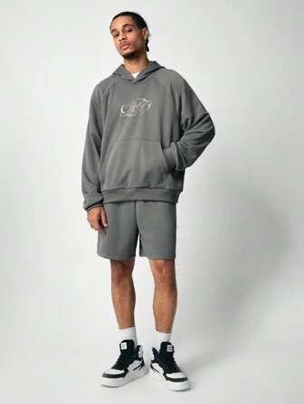 Street Life 2pcs Men Letter Print Hoodie Sweatshirt & Shorts Set, Casual Outfit