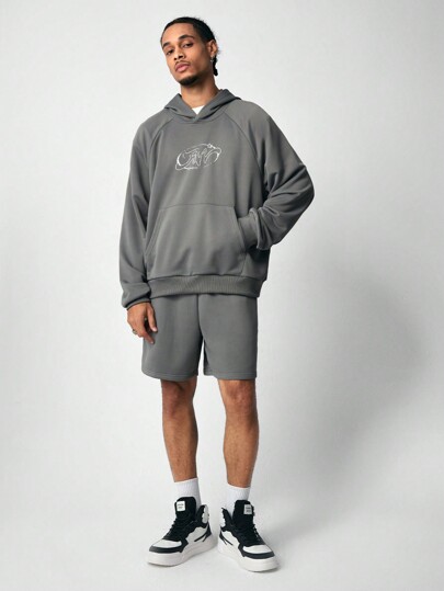 Street Life 2pcs Men Letter Print Hoodie Sweatshirt & Shorts Set, Casual Outfit