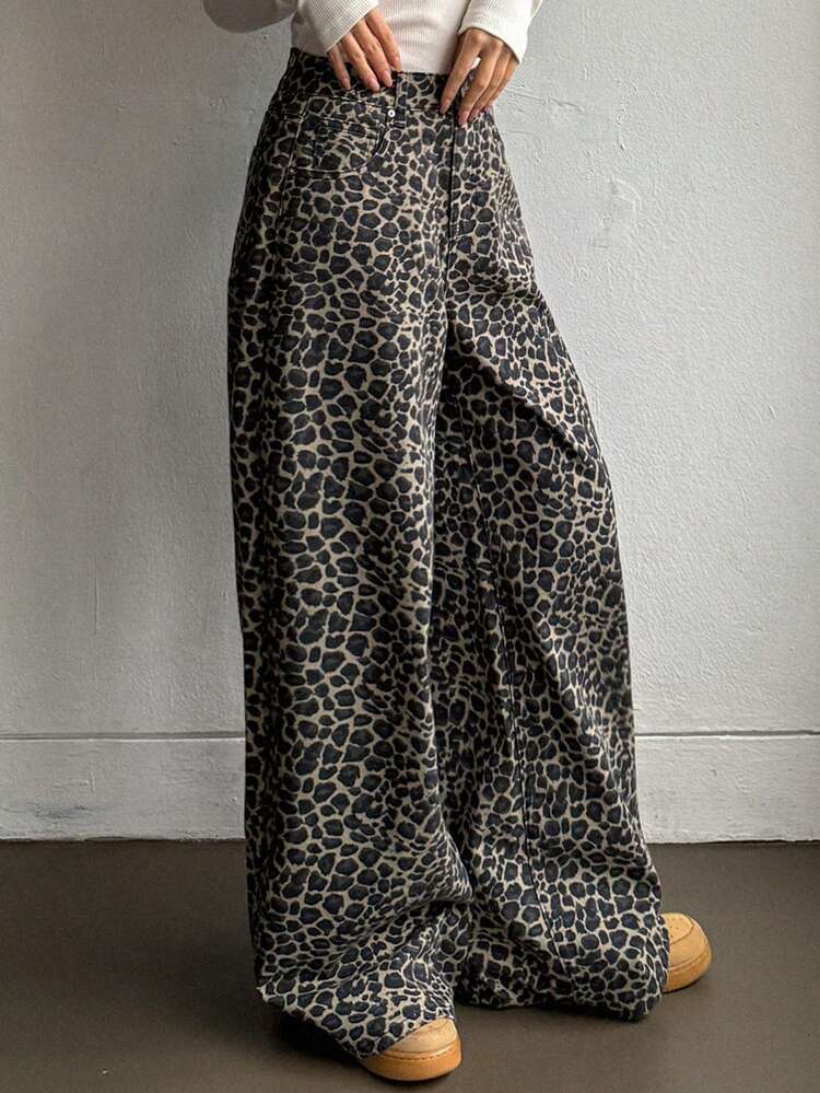 Women's Casual Loose Leopard Print Wide-Leg Jeans Cheetah Print