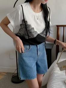 DAZY Women's 2 In 1 Colorblock Lace Panel Loose T-Shirt - Black and White - View 3