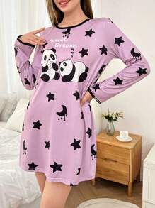 Snug Zone Camisón de mujer con estampado de panda y estrella, encaje y parche, cuello redondo, otoño e invierno - Morado - Ver 5