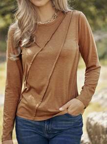 LanaWest Women's Early Spring Casual T-Shirt, Crew Neck, Long Sleeve, Front Pleated, Comfortable Soft Relaxed Straight Fit, Suitable For Western Country Style, Taupe Color Fall Cloth For Women