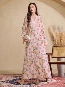 Al Najma Women's Floral Print Flare Sleeve Maxi Arabian Dress