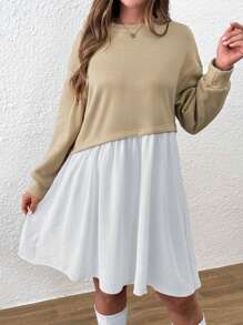 SHEIN LUNE 大码女式撞色落肩长袖休闲拼布连衣裙，秋季
