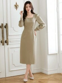DAZY Solid Color Square Neck Puff Sleeve Midi Dress For Women,Fall Dress Long Sleeve Dress - Green - View 3