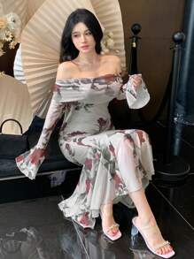 DAZY 玫瑰印花露肩鱼尾中长连衣裙，适合春季、秋季穿着，荷叶边设计，长袖印花连衣裙 - 杏色 - 查看 7