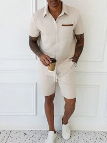 Manfinity Homme Men's Simple Fashion Casual Shirt Set, For Daily Wear - Beige - View 4