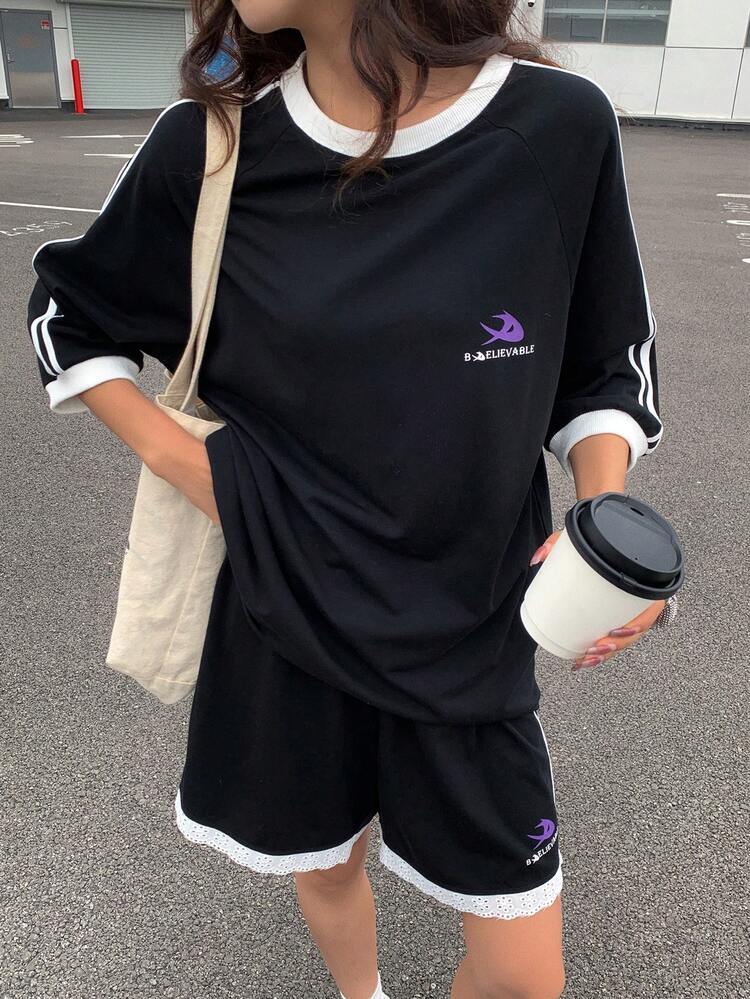 2pcs/Set Women Letter Print Round Neck 3/4 Sleeve Top And Shorts With Side Slit Decor, Casual Sports Outfit,Short Women Sets Lounge Sets For Women