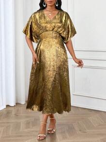 SHEIN Lady Festtagskleid für Geburtstagsfeiern, Hochzeitsgäste/Partys/Festlichkeiten, goldfarbenes einfarbiges A-Linien Kleid mit Fledermausärmeln, Ballkleid, metallisches Kleid, elegante Damenkleider