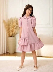 Tween Girl' Pink Ruffle Hem Asymmetrical Patchwork Casual Everyday Dress,Holiday,Summer,Travel - Pink - View 1