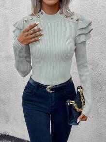 SHEIN Clasi Suéter de mujer con cuello alto, manga larga, unicolor, diseño de botones con volantes y ajustado. Suéter de punto de otoño/invierno - Gris Claro - Ver 6