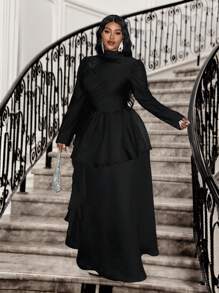 Slaydiva Plus Size Women Elegant Solid Color Dress For Party - Black - View 2