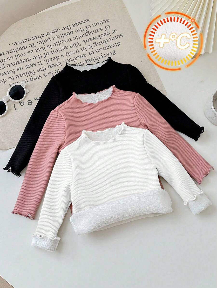 SHEIN LMoss Kids LMoss 3pcs/Set Baby Girls Cute Solid Color Knitted Thick Long Sleeve Top With Ruffle Hem, Autumn/Winter