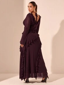 SHEIN Tall CURVE 大码长袖连衣裙，浪漫甜美荷叶边秋季连衣裙，适合约会、旅行、秋季内衣、蝴蝶结、女士夏季连衣裙、女士节日派对服装、优雅、生日服装、网眼、性感连衣裙、大码生日礼服、上衣、合身、纯色T恤、女士基本款上衣、西方女装、夏季衬衫、夏季上衣、紧身衬衫、复活节 - 酒紅色 - 查看 2