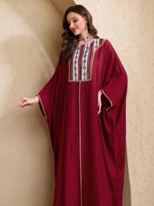 Al Najma Women's National Flower Patchwork Shoulder Sleeve Kaftan & Traditional Long Dress, Modest - Burgundy - View 9