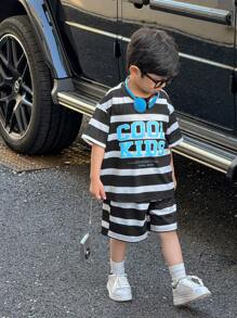 2pcs/Set Young Boys Casual Sports Streetwear Set - Loose Fit Round Neck Short Sleeve T-Shirt And Shorts, Black & Khaki Striped, Suitable For Daily Wear, School, Travel, Sports, Spring/Summer - Multicolor - View 5
