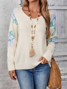 EMERY ROSE Women's Floral Print V-Neck Oversized Long Sleeve Sweater, Winter