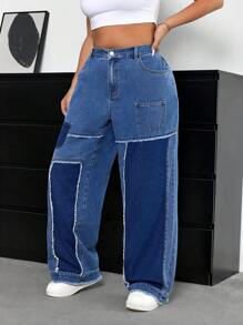 SHEIN EZwear Plus Size Women Pocket & Raw Hem Design Loose Fit Casual Straight Leg Jeans
