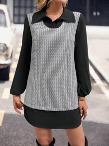 SHEIN LUNE Tweed Patchwork Solid Color Casual Everyday Dress, Minimalist & Fashionable - Black - View 3