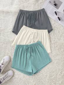 3件套纯色腰部打结休闲短裤睡眠短裤 - 彩色 - 查看 1