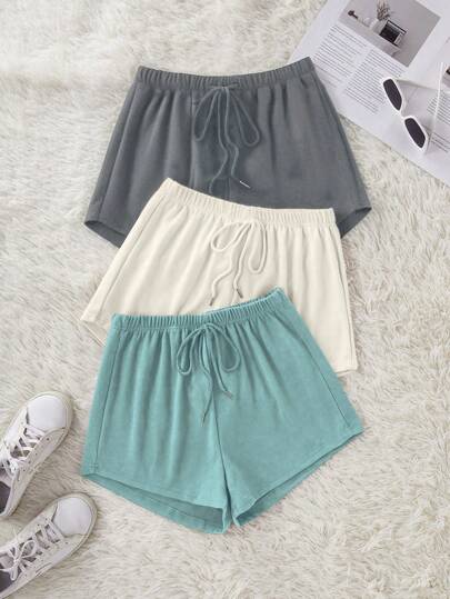 3件套纯色腰部打结休闲短裤睡眠短裤